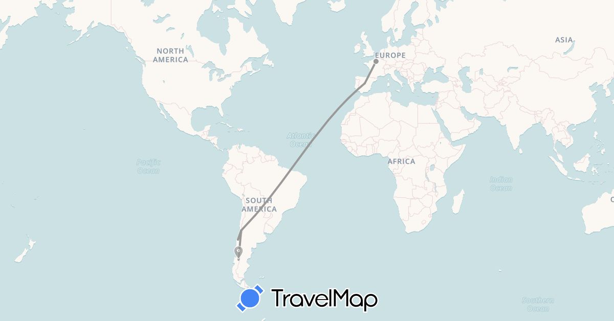 TravelMap itinerary: plane in Chile, Spain, France (Europe, South America)